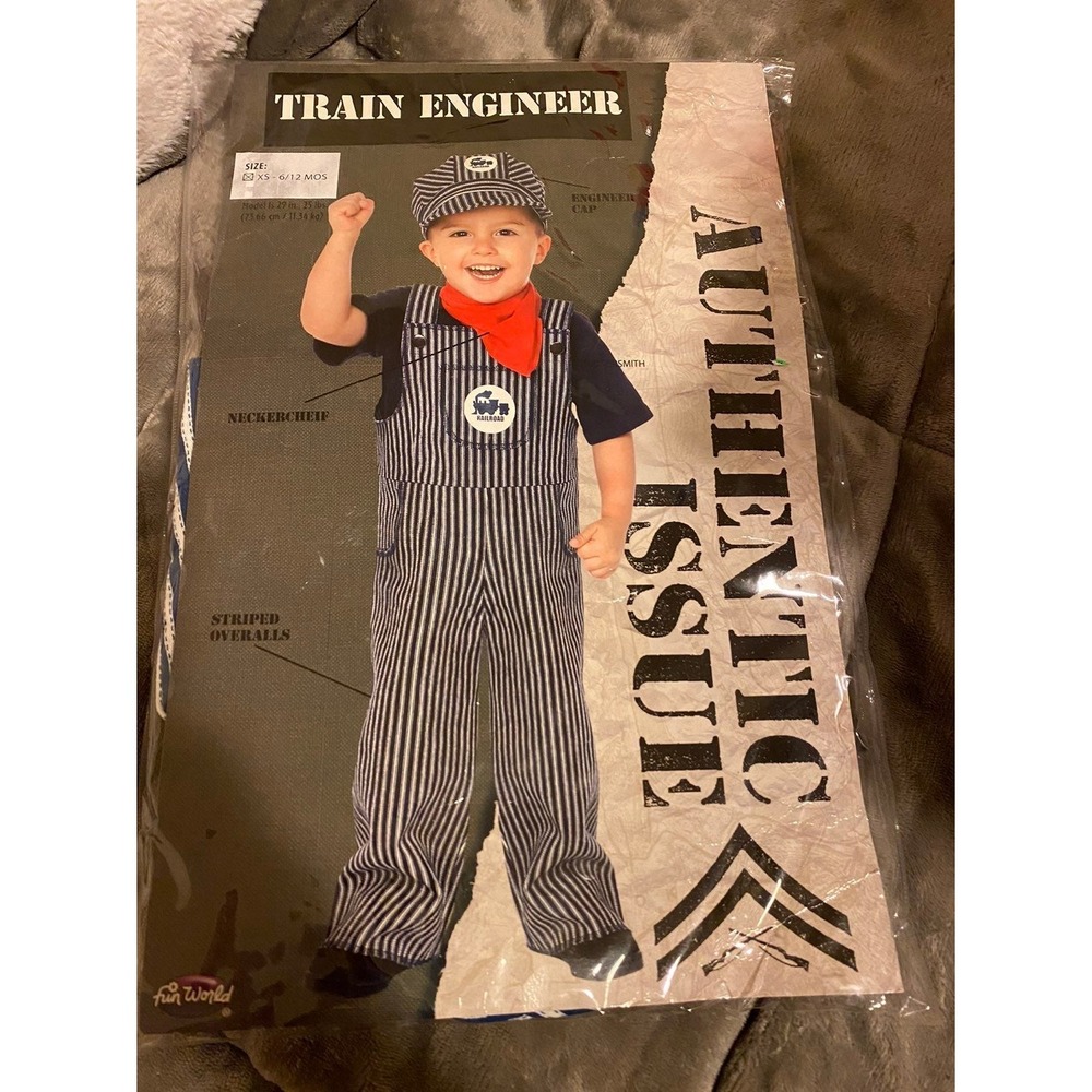Fun World Train Engineer Costume Infant 6-12M Striped Overalls Hat Bandanna